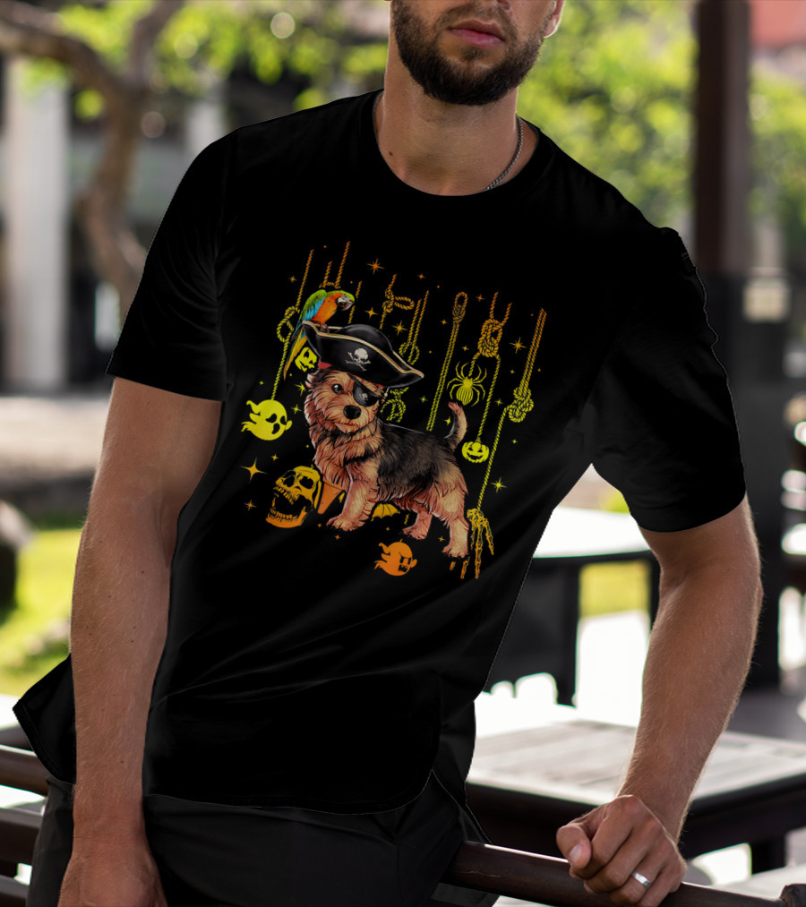 Norwich Terrier Pirate With Halloween Ghosts And Skull T-Shirt