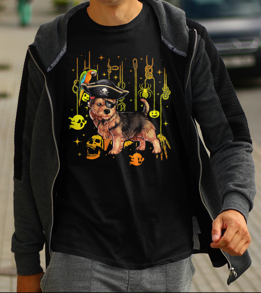 Norwich Terrier Pirate With Halloween Ghosts And Skull T-Shirt