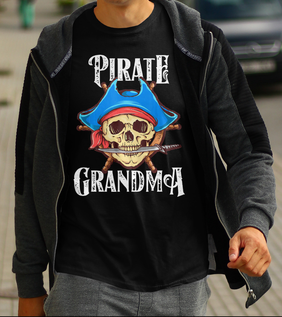 Pirate Grandma Skull With Blue Hat And Sword T-Shirt