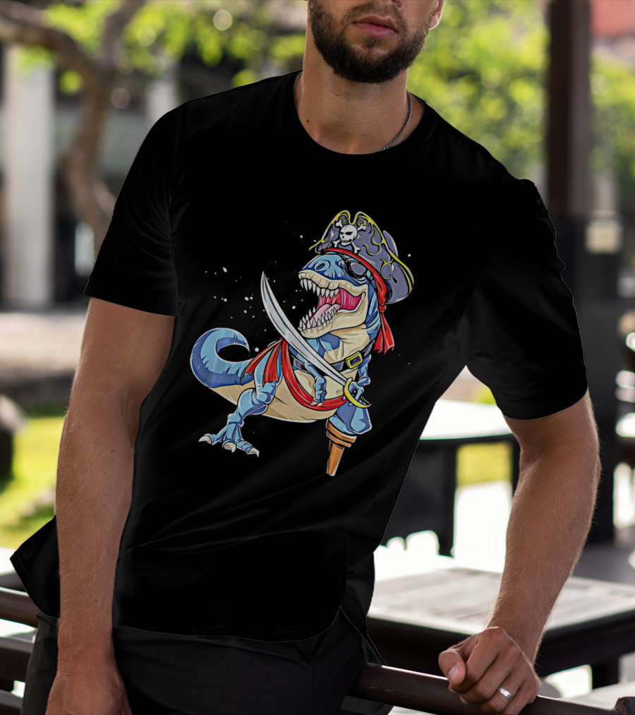 Pirate Dinosaur With Sword And Skull Hat T-Shirt