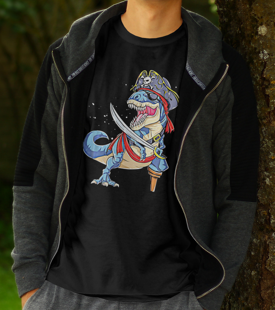 Pirate Dinosaur With Sword And Skull Hat T-Shirt