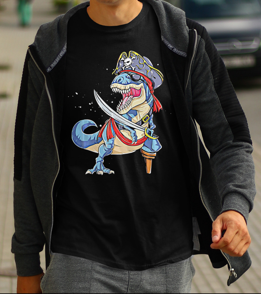 Pirate Dinosaur With Sword And Skull Hat T-Shirt
