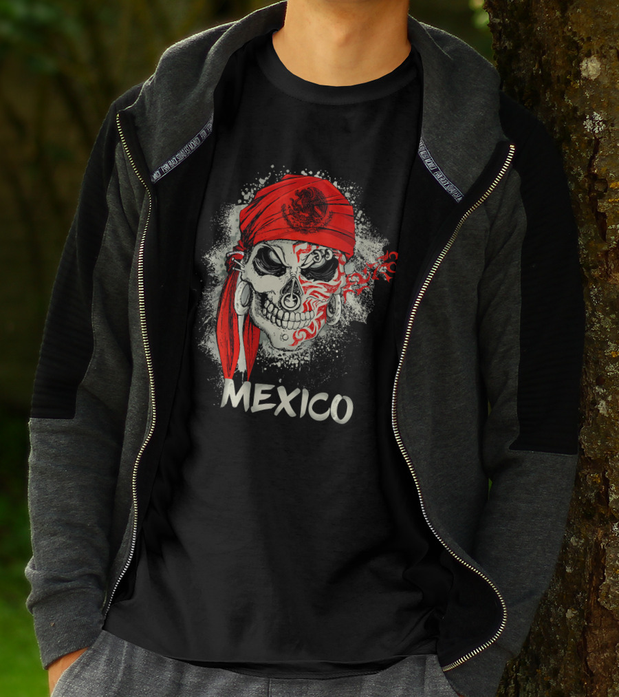 MEXICO SKULL WITH RED BANDANA AND SERPENT EMBLEM T-Shirt