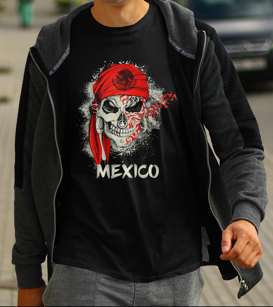 MEXICO SKULL WITH RED BANDANA AND SERPENT EMBLEM T-Shirt
