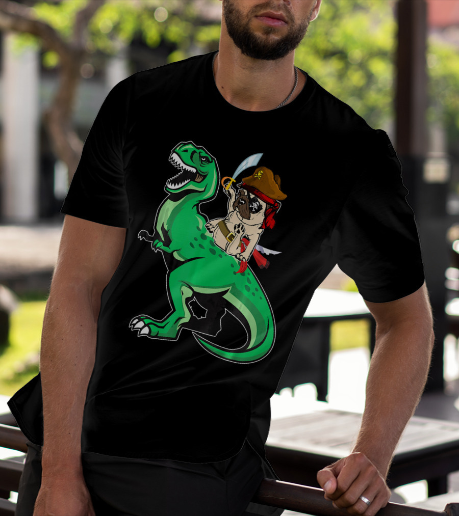 Pirate Pug Riding Rex Dinosaur With Sword And Hat T-Shirt