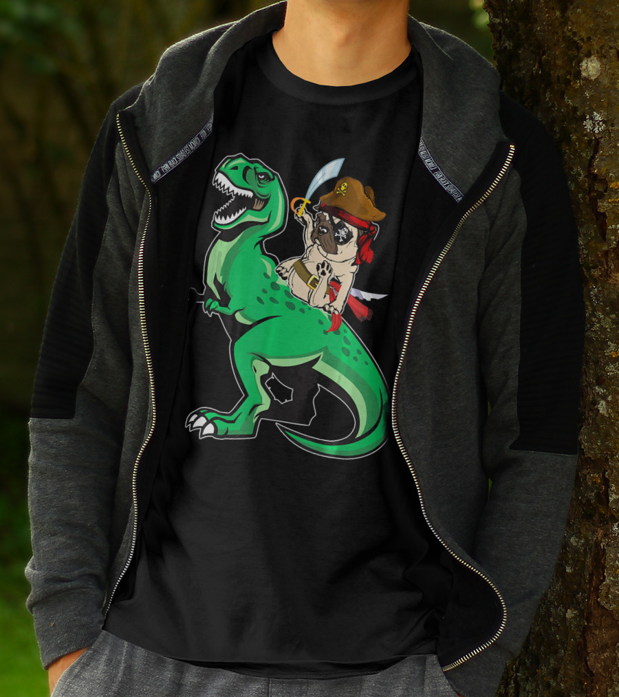 Pirate Pug Riding Rex Dinosaur With Sword And Hat T-Shirt