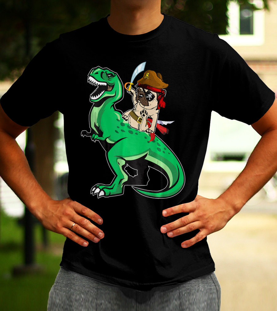 Pirate Pug Riding Rex Dinosaur With Sword And Hat T-Shirt