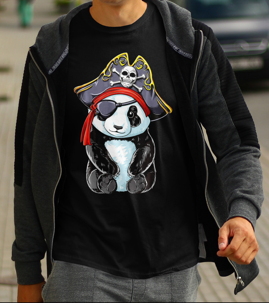 Panda Pirate Jolly Roger Skull Crossbones Eyepatch Bandana Hat T-Shirt