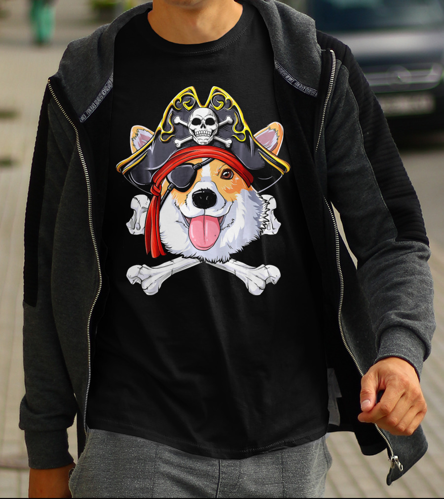 Corgi Pirate Skull And Crossbones Jolly Roger Flag T-Shirt