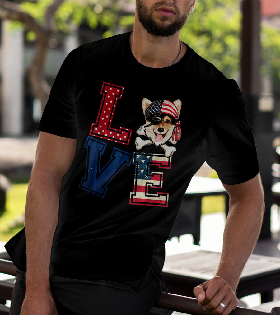 LOVE Corgi Pirate Face With American Flag Bandana And Lettering T-Shirt