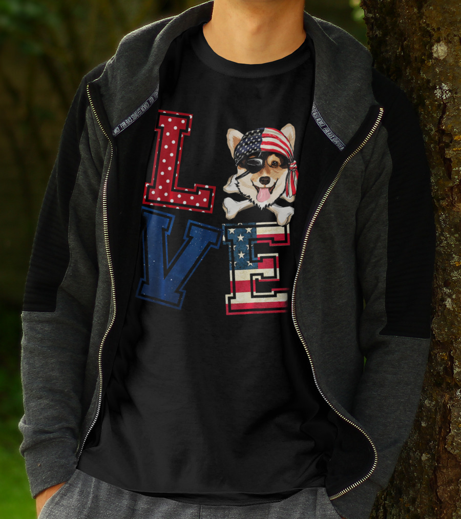 LOVE Corgi Pirate Face With American Flag Bandana And Lettering T-Shirt