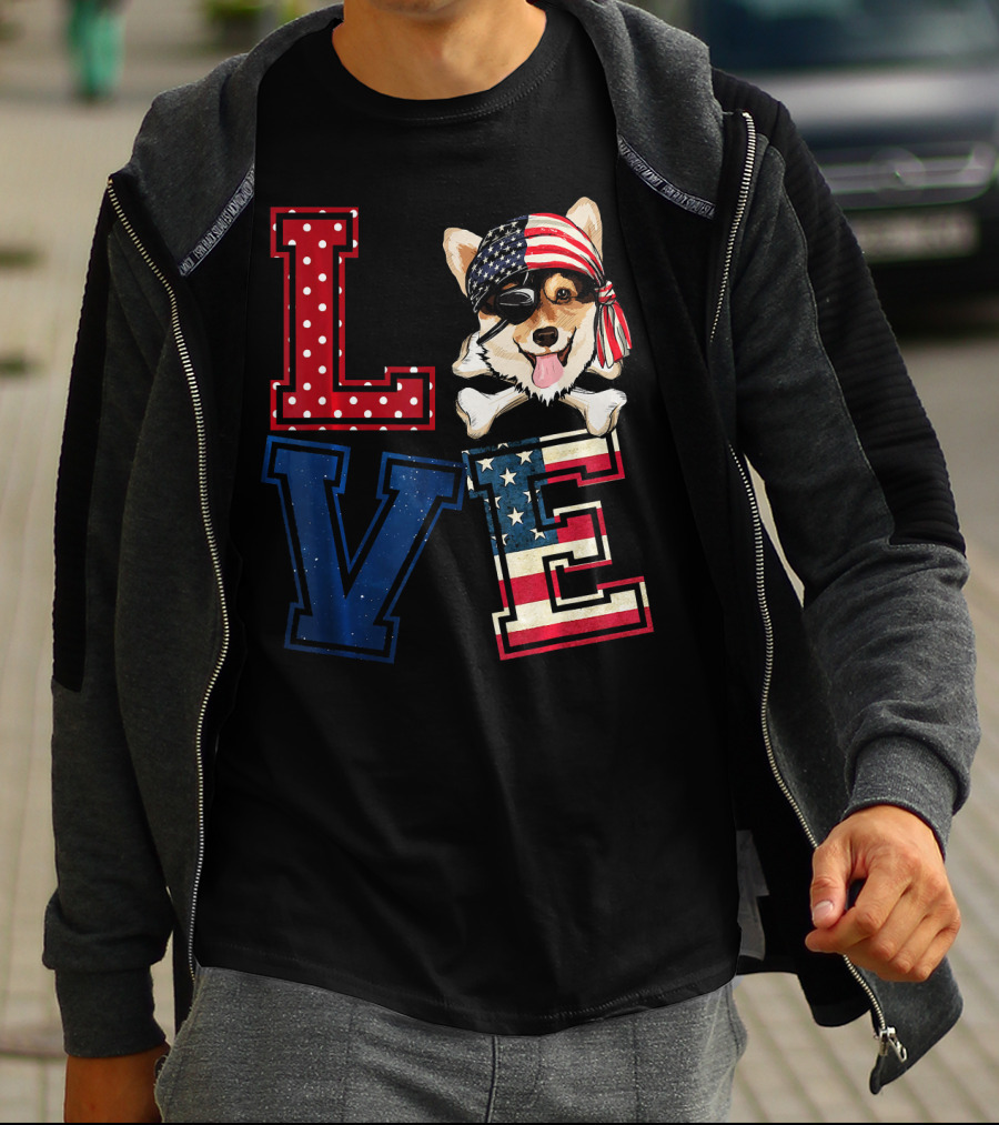LOVE Corgi Pirate Face With American Flag Bandana And Lettering T-Shirt