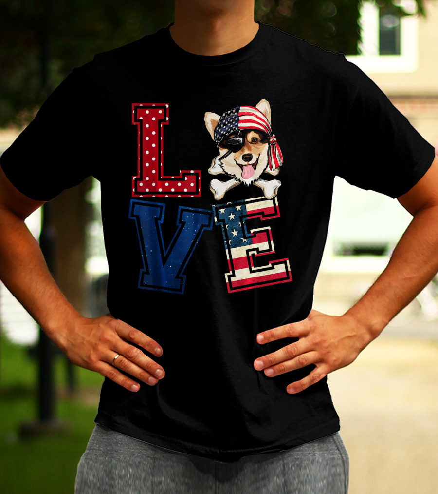 LOVE Corgi Pirate Face With American Flag Bandana And Lettering T-Shirt
