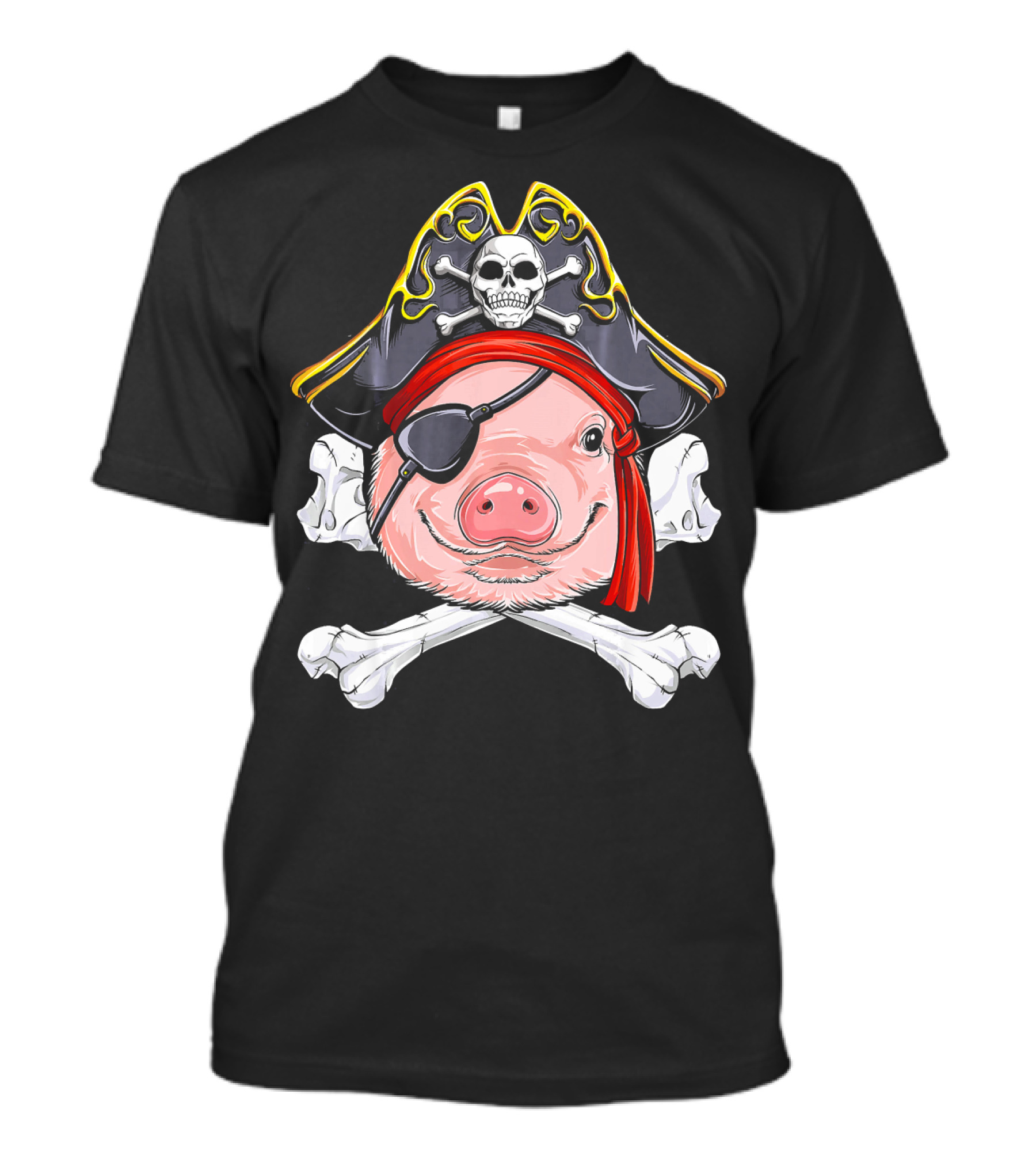 Pig Pirate Jolly Roger Flag Skull Eyepatch Crossbones Hat T-Shirt