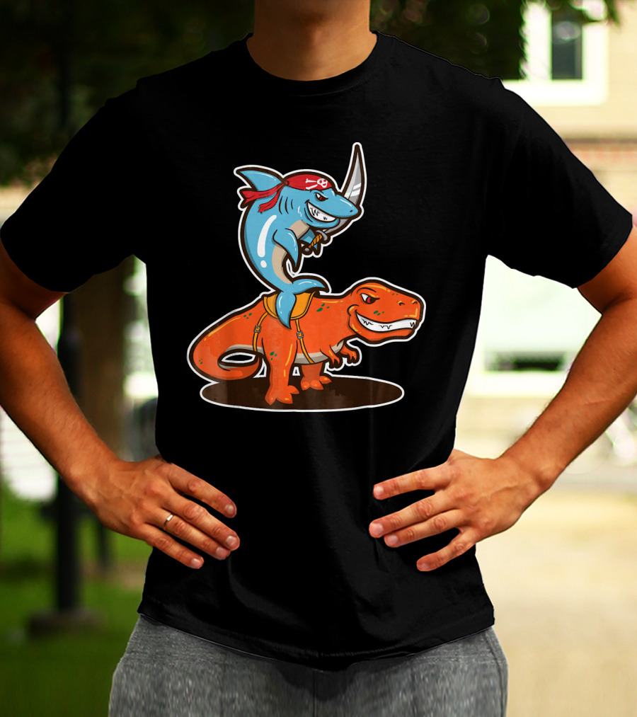 Pirate Shark Riding A T-Rex Dinosaur Adventure T-Shirt