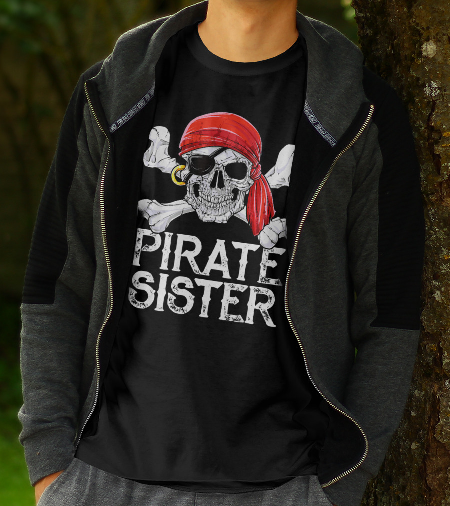 Pirate Sister Skull With Red Bandana And Crossbones T-Shirt