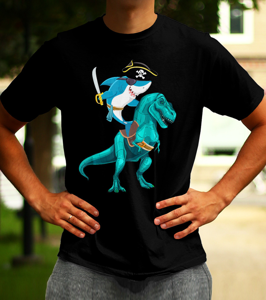 Shark Pirate On T-Rex For Kids Boys Sons T-Shirt