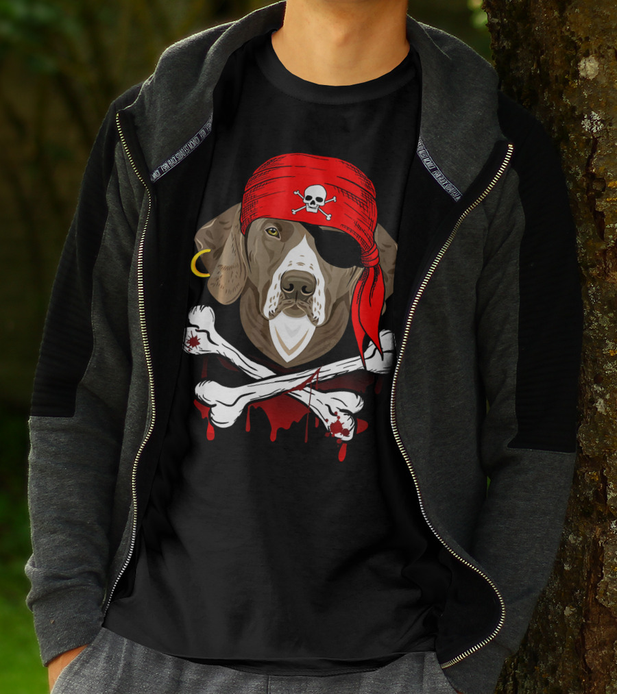 Weimaraner Dog Dad In Pirate Costume With Skull And Crossbones Bandana T-Shirt