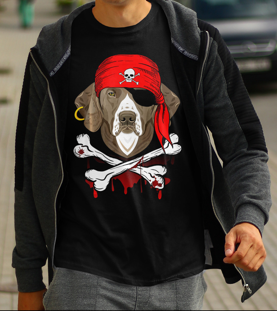 Weimaraner Dog Dad In Pirate Costume With Skull And Crossbones Bandana T-Shirt