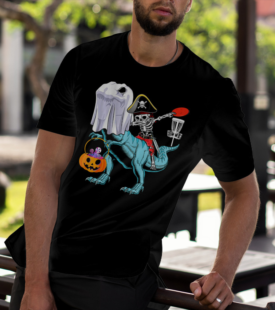 Dab Jolly Roger Skeleton Pirate On Dinosaur With Ghost Pumpkin And Frisbee T-Shirt