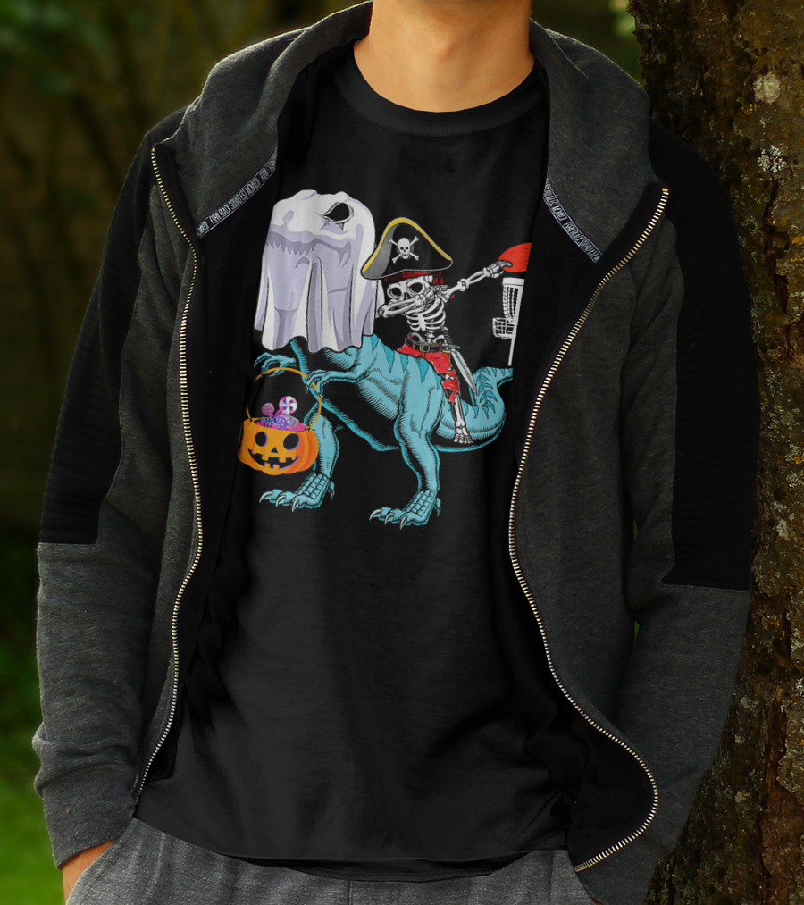 Dab Jolly Roger Skeleton Pirate On Dinosaur With Ghost Pumpkin And Frisbee T-Shirt