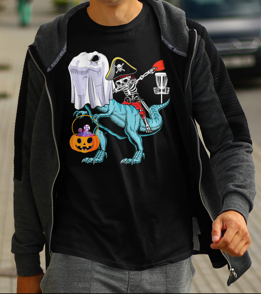 Dab Jolly Roger Skeleton Pirate On Dinosaur With Ghost Pumpkin And Frisbee T-Shirt