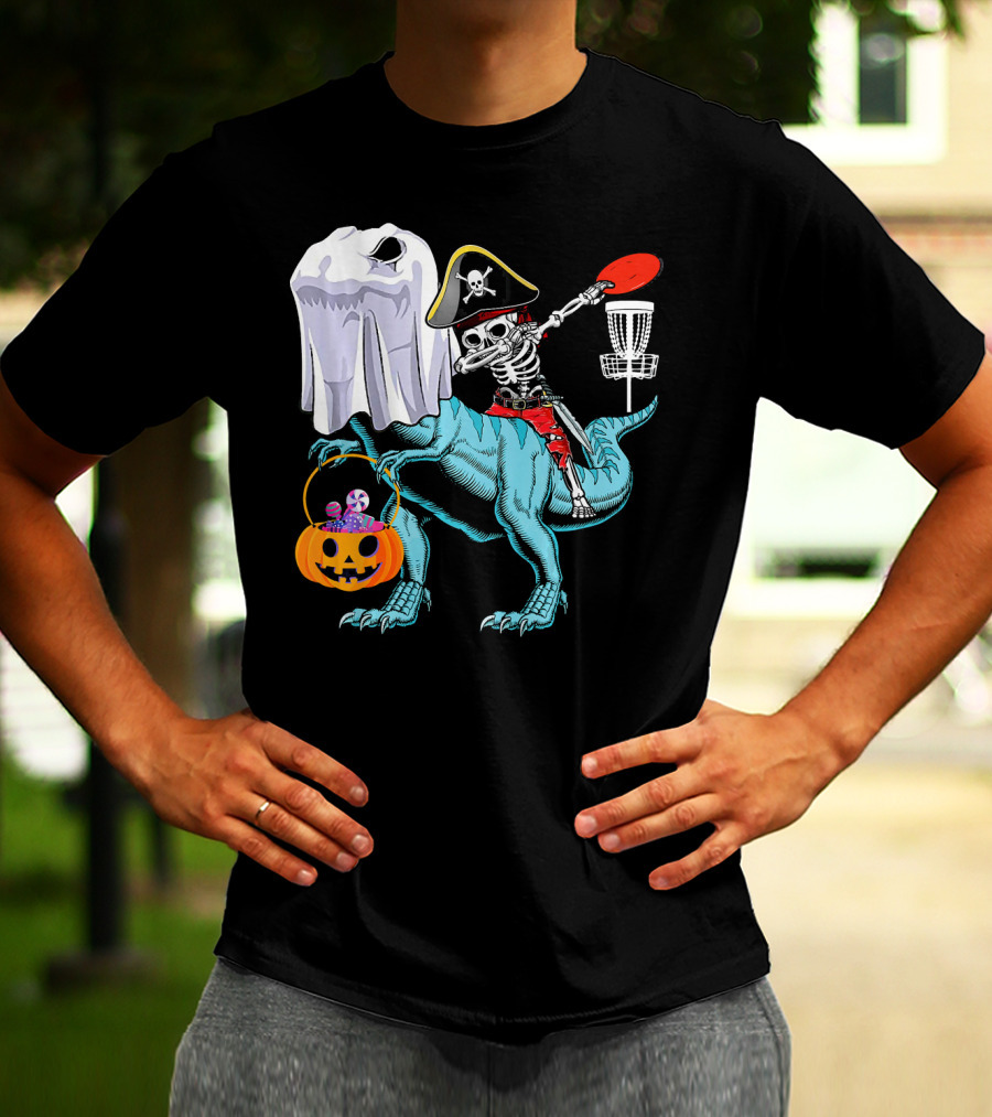 Dab Jolly Roger Skeleton Pirate On Dinosaur With Ghost Pumpkin And Frisbee T-Shirt