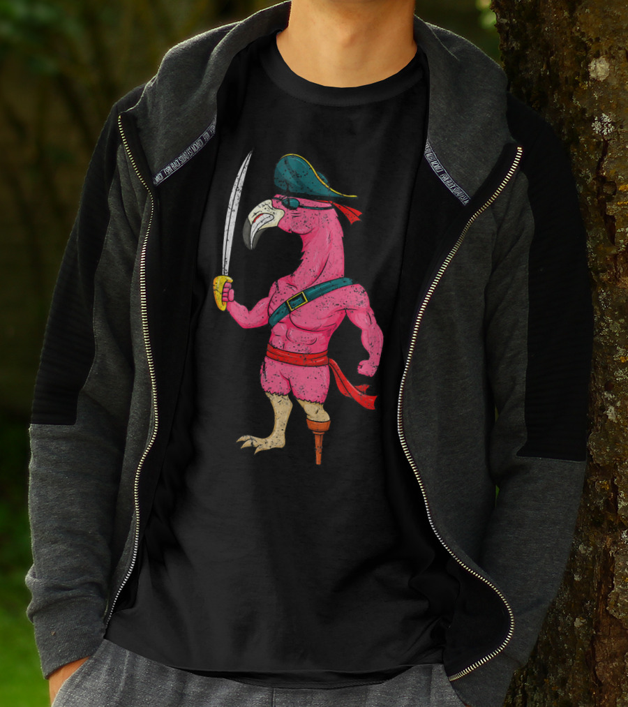 Vintage Pirate Pink Flamingo With Pirate Hat And Wooden Leg Sword T-Shirt
