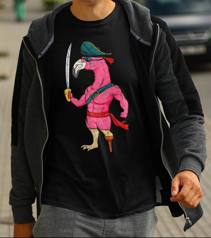 Vintage Pirate Pink Flamingo With Pirate Hat And Wooden Leg Sword T-Shirt