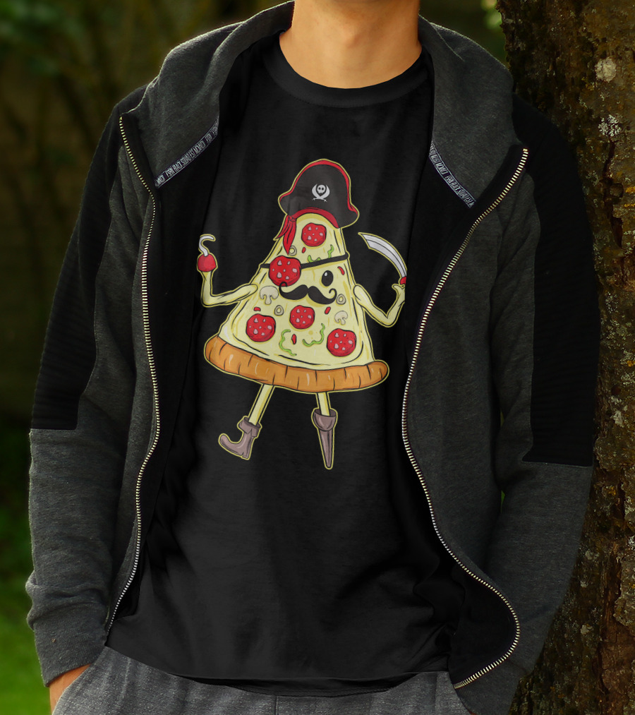 Funny Mustache Pirate Pizza Slice With Hook And Sword T-Shirt