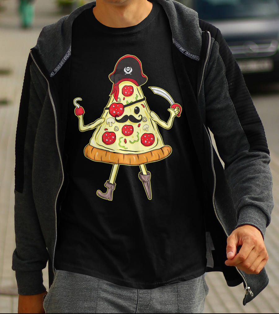 Funny Mustache Pirate Pizza Slice With Hook And Sword T-Shirt
