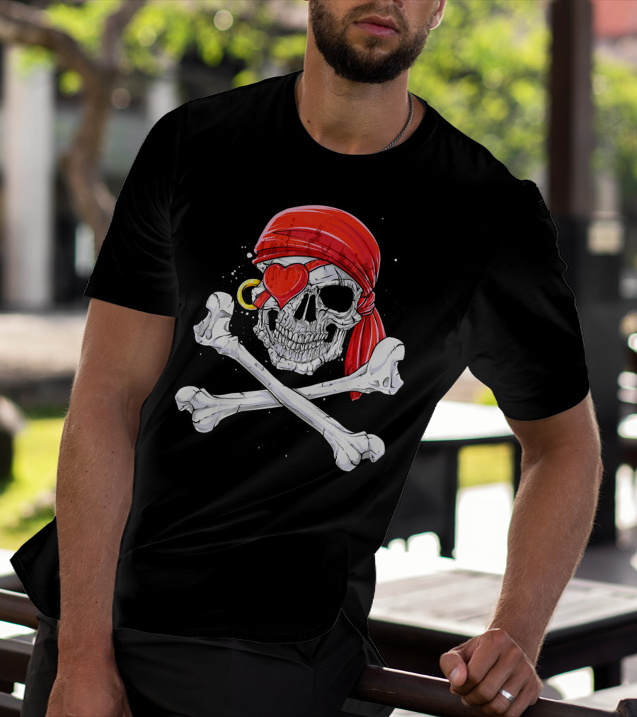 Valentines Day Pirate Skull With Red Bandana And Heart Eye Patch For Him T-Shirt