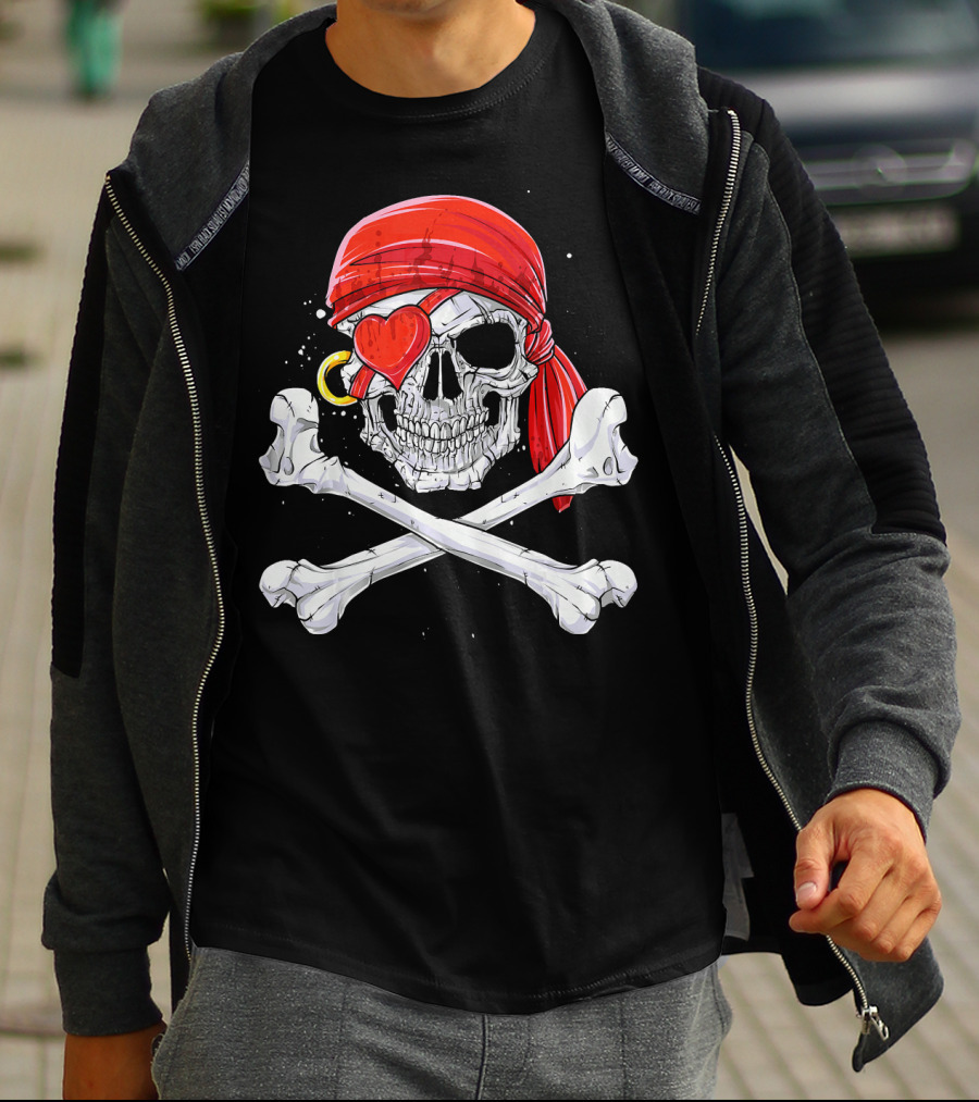 Valentines Day Pirate Skull With Red Bandana And Heart Eye Patch For Him T-Shirt