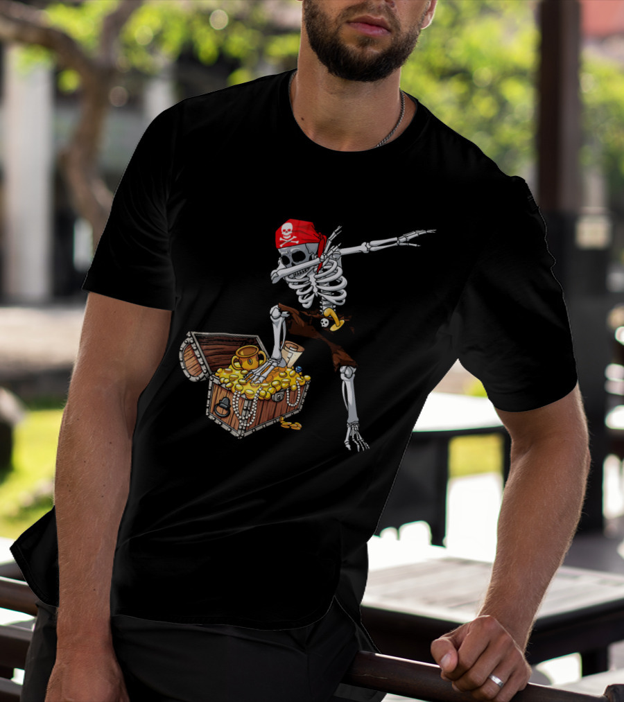 Dabbing Pirate Skeleton With Treasure Chest And Red Skull Bandana T-Shirt