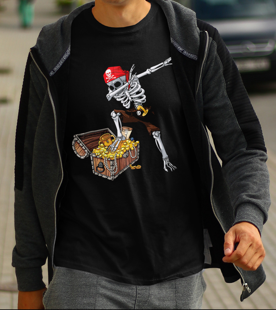 Dabbing Pirate Skeleton With Treasure Chest And Red Skull Bandana T-Shirt