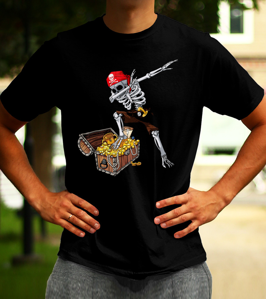 Dabbing Pirate Skeleton With Treasure Chest And Red Skull Bandana T-Shirt