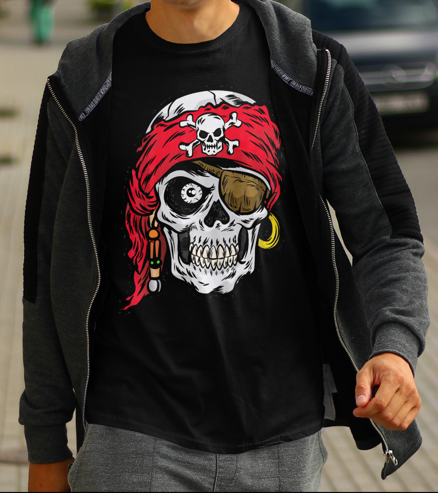 Pirate Skull With Red Bandana And Crossbones Eye Patch Jolly Roger T-Shirt