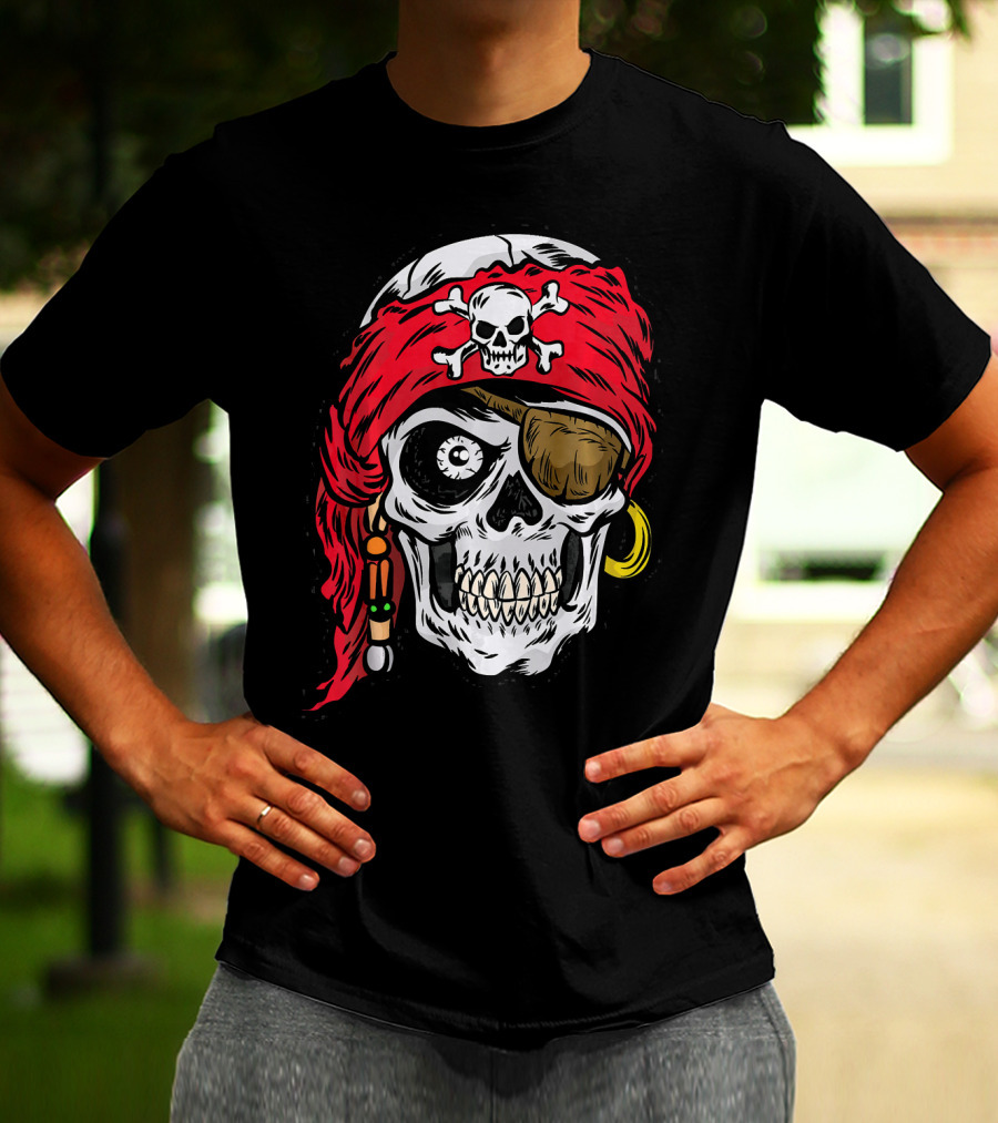 Pirate Skull With Red Bandana And Crossbones Eye Patch Jolly Roger T-Shirt