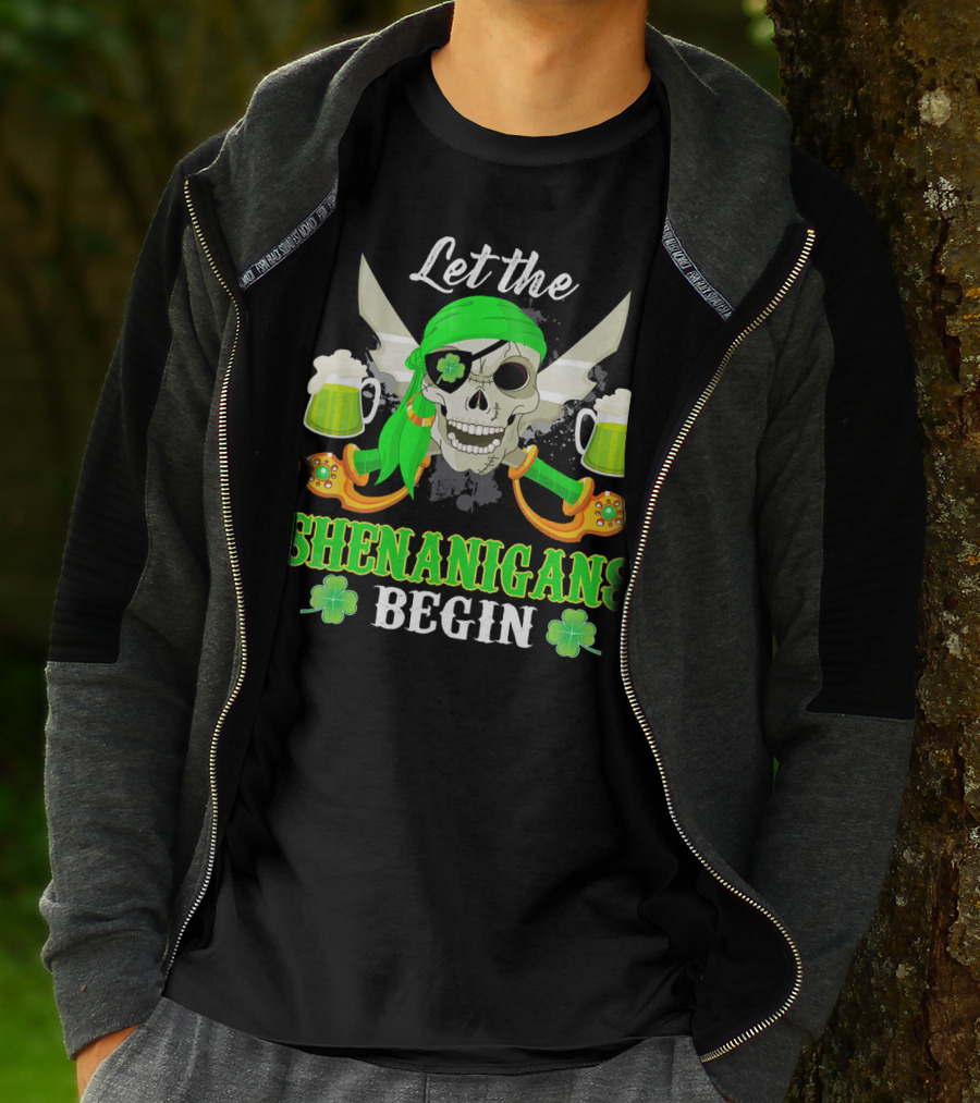 Let The Shenanigans Begin Skull Pirate With Swords And Shamrocks T-Shirt
