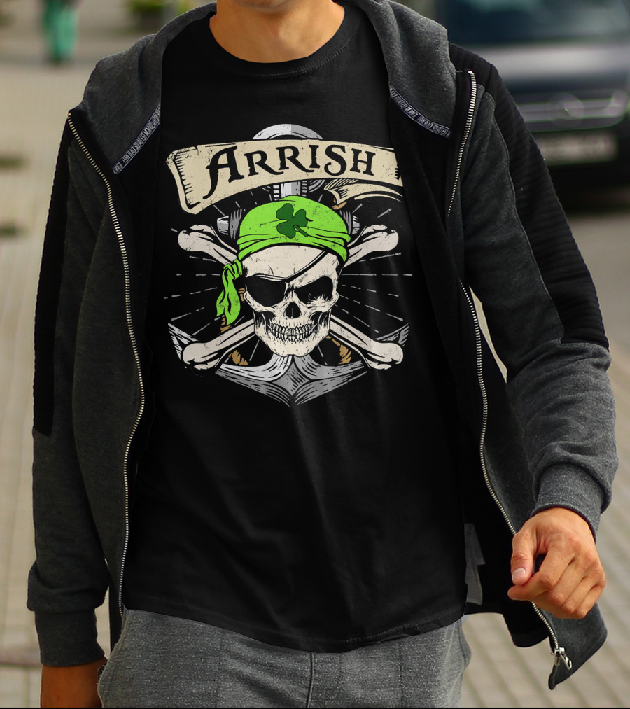 Arrish Irish Pirate Skull With Shamrock Bandana St Patricks T-Shirt
