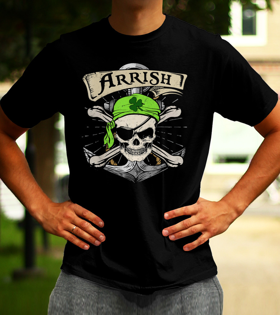 Arrish Irish Pirate Skull With Shamrock Bandana St Patricks T-Shirt