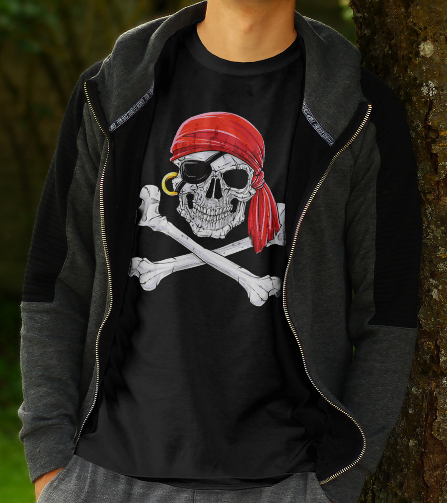 Jolly Roger Flag Skull And Crossbones With Red Bandana And Eyepatch T-Shirt
