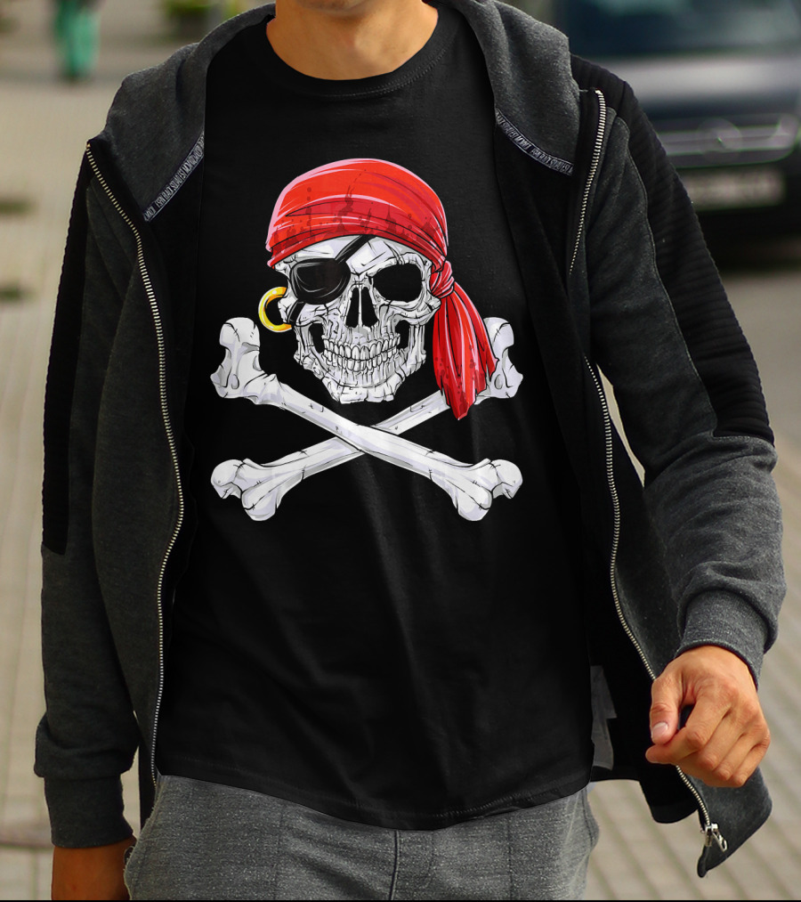 Jolly Roger Flag Skull And Crossbones With Red Bandana And Eyepatch T-Shirt