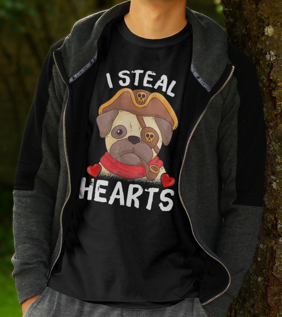 I Steal Hearts Valentines Day Pirate Pug With Pipe And Eyepatch T-Shirt