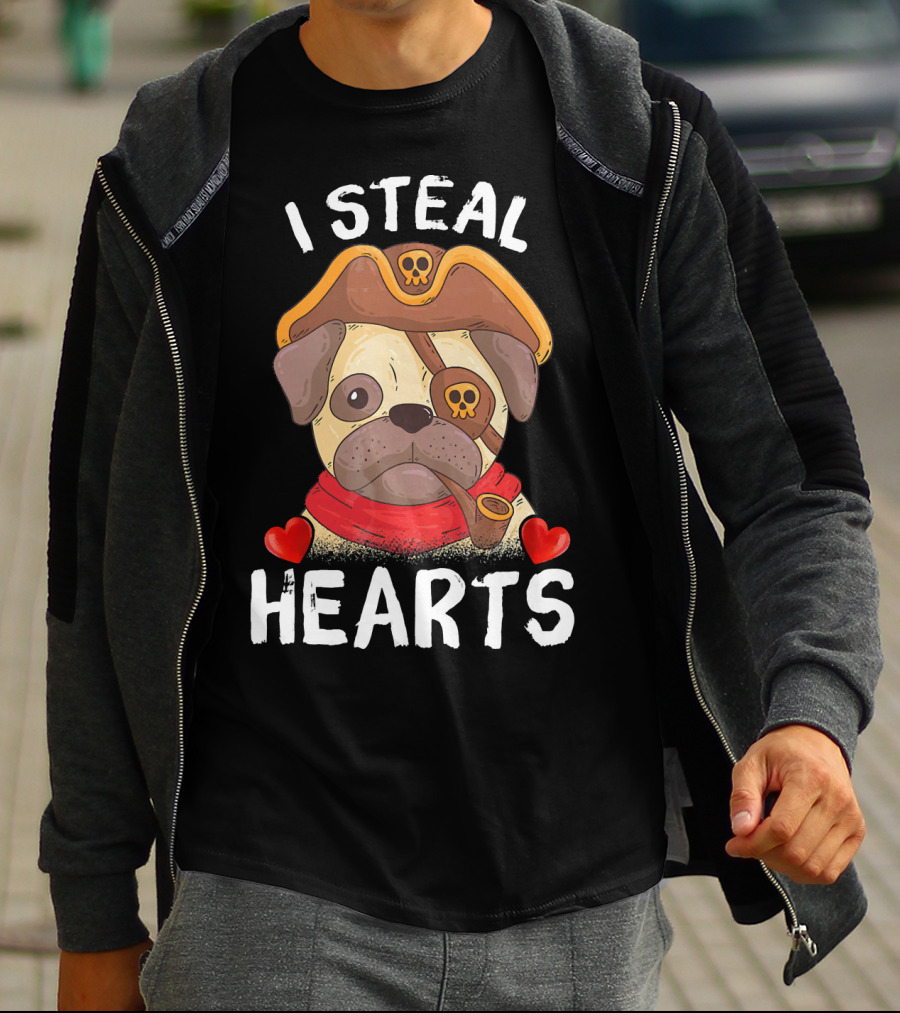 I Steal Hearts Valentines Day Pirate Pug With Pipe And Eyepatch T-Shirt