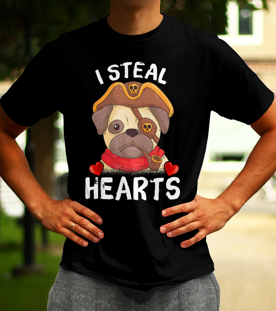 I Steal Hearts Valentines Day Pirate Pug With Pipe And Eyepatch T-Shirt