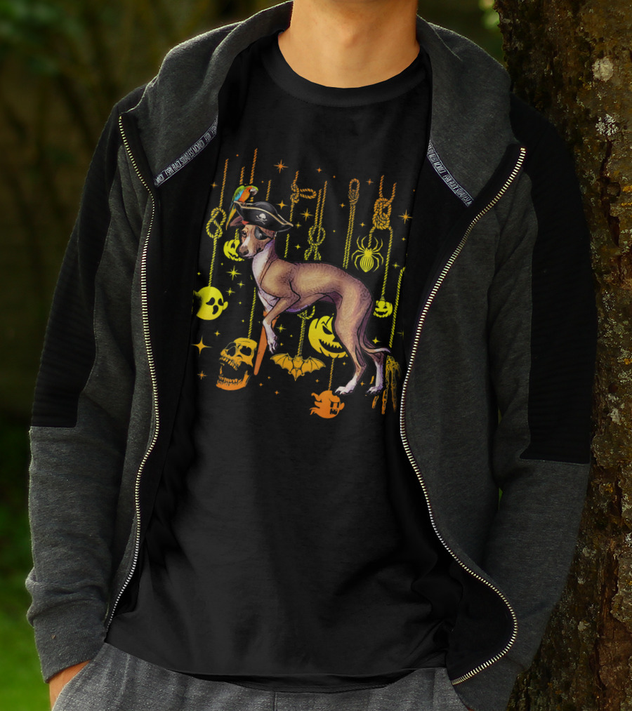 Italian Greyhound Pirate Dog With Halloween Ghosts And Skulls T-Shirt