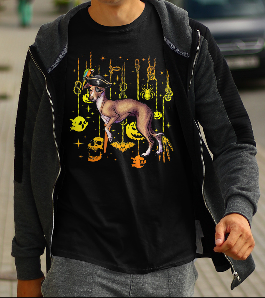 Italian Greyhound Pirate Dog With Halloween Ghosts And Skulls T-Shirt