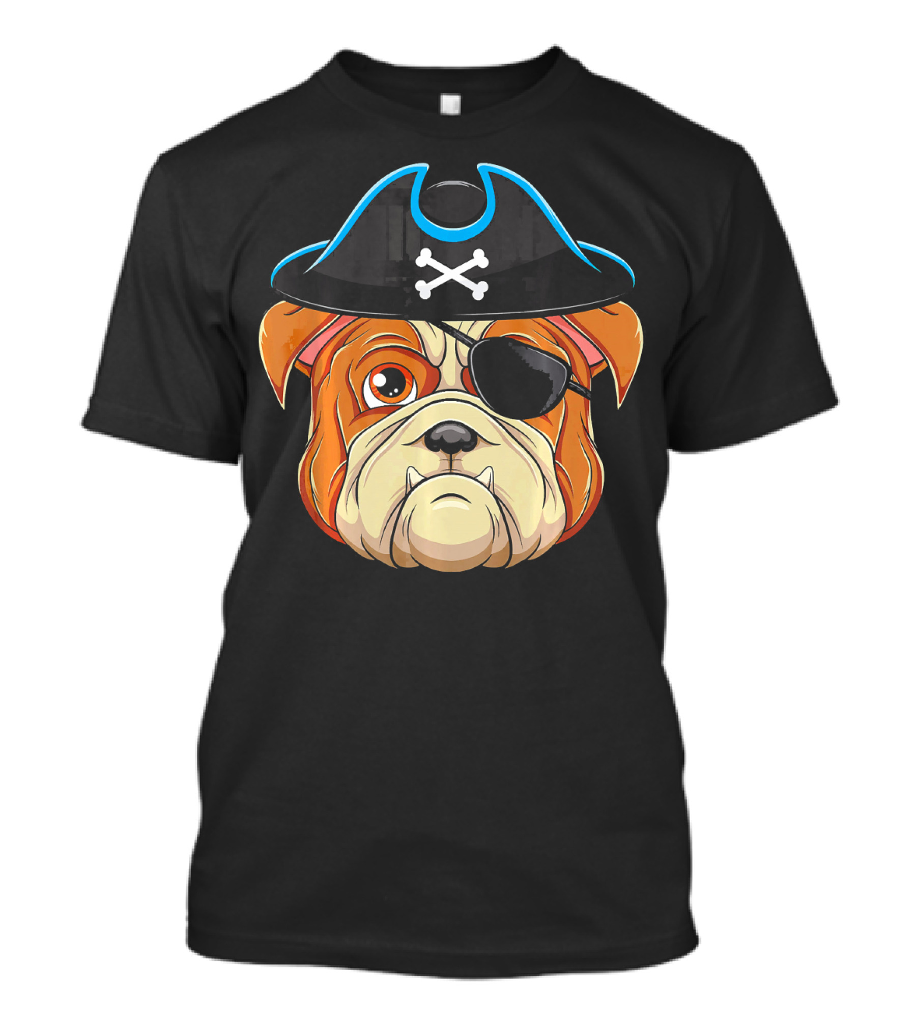 English Bulldog Pirate Hat Eye Patch Skull Crossbones T-Shirt