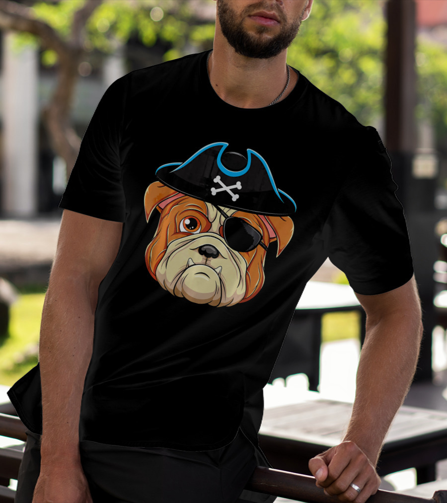 English Bulldog Pirate Hat Eye Patch Skull Crossbones T-Shirt